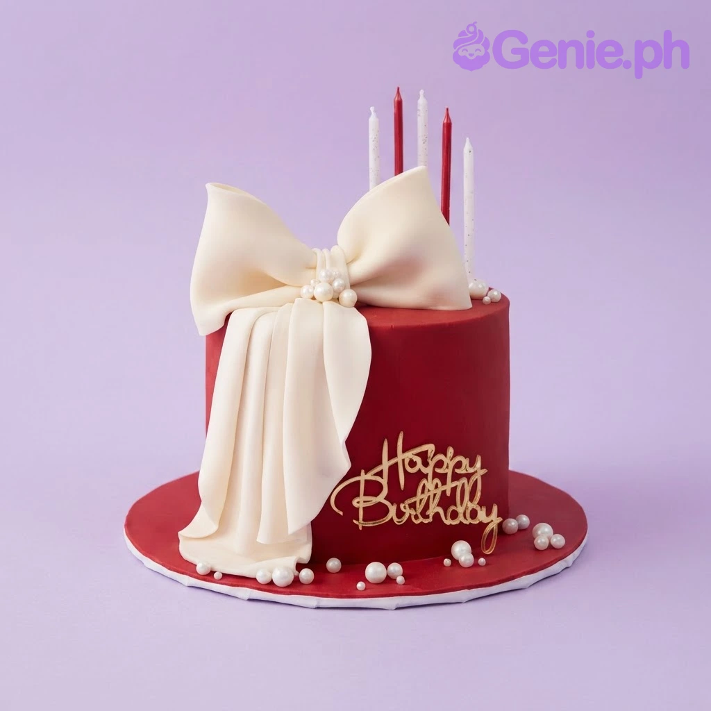Red Bow Maroon Birthday Cake Dark red 1-tier fondant birthday cake with a large white bow, gold script topper, and white sugar pearls