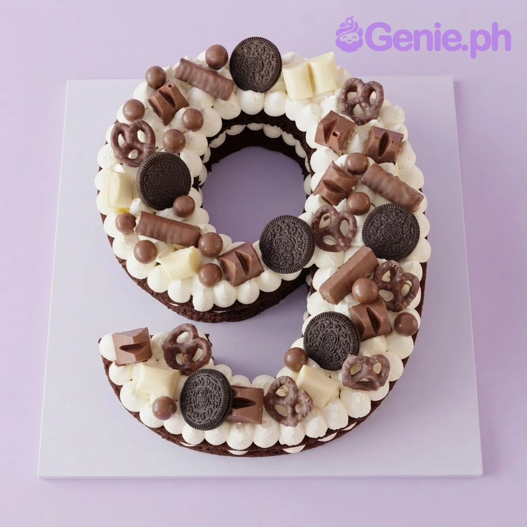 Chocolate Number White Rectangle Birthday Cake Chocolate number 9 cake with white icing dollops, oreo cookies, and assorted chocolates