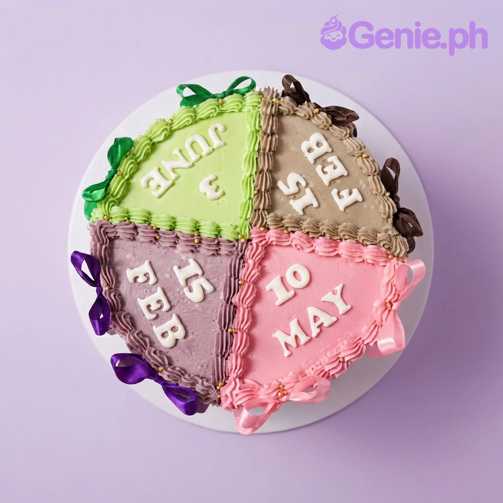 Calendar Bow Cake A round 1-tier cake with four colorful icing quadrants, each featuring a date in white fondant letters and a small ribbon bow on the side.