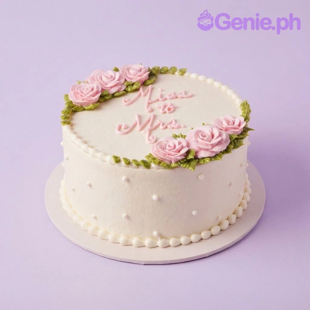 Miss To Mrs White Floral Cake White 1-tier cake with smooth soft icing, Miss To Mrs theme, and piped pink buttercream roses with green piped foliage on top