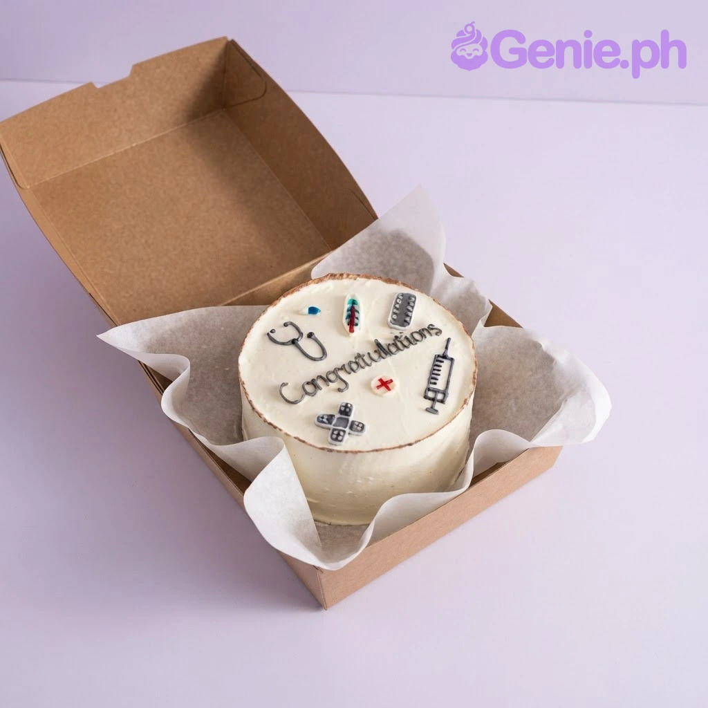 Medical Graduate White Bento Cake White bento cake with smooth soft icing, medical themed icons, and black piped congratulations script