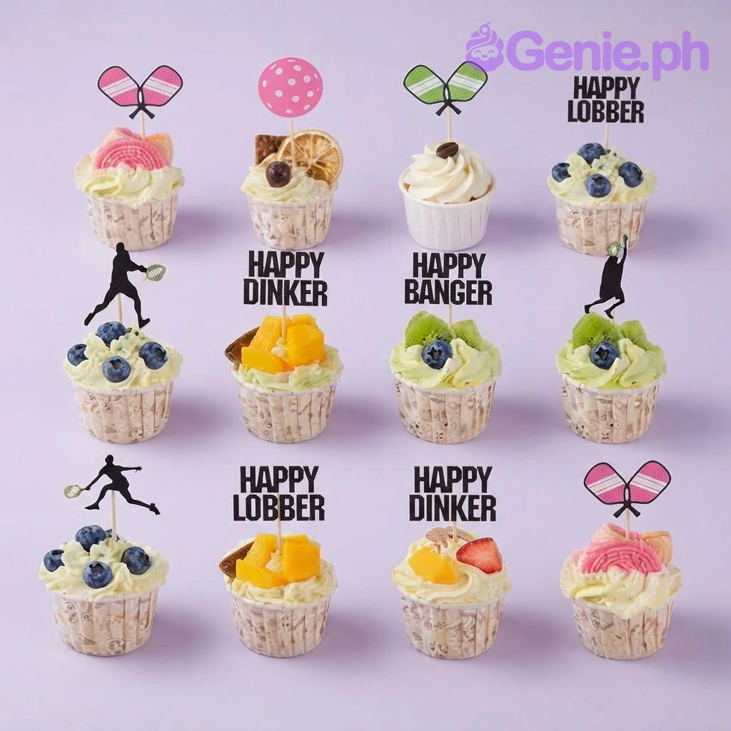 Pickleball White Cupcakes White frosted cupcakes with pickleball-themed printouts, fruit toppings, and black text banners