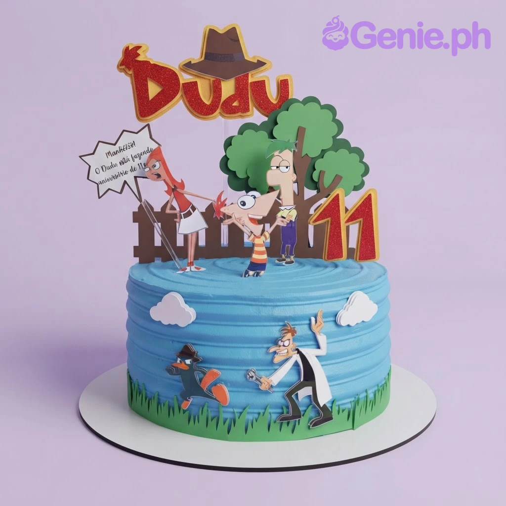 Phineas And Ferb Sky Blue Birthday Cake Light blue 1-tier birthday cake with soft icing, Phineas and Ferb printouts, name topper, and number 11