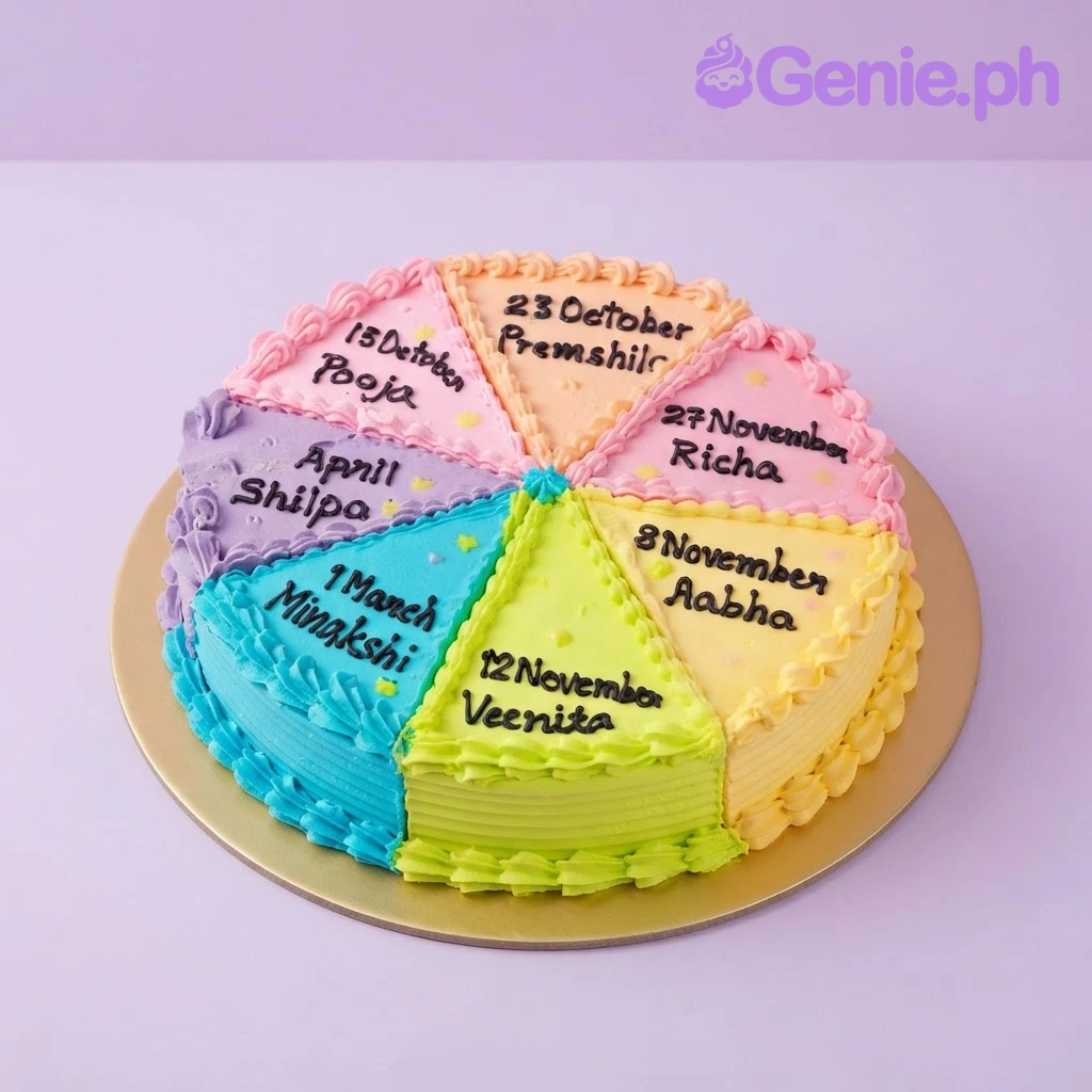 Birthday Celebration Cake Multicolor 1-tier birthday cake with piped names and dates on each slice and a white icing base