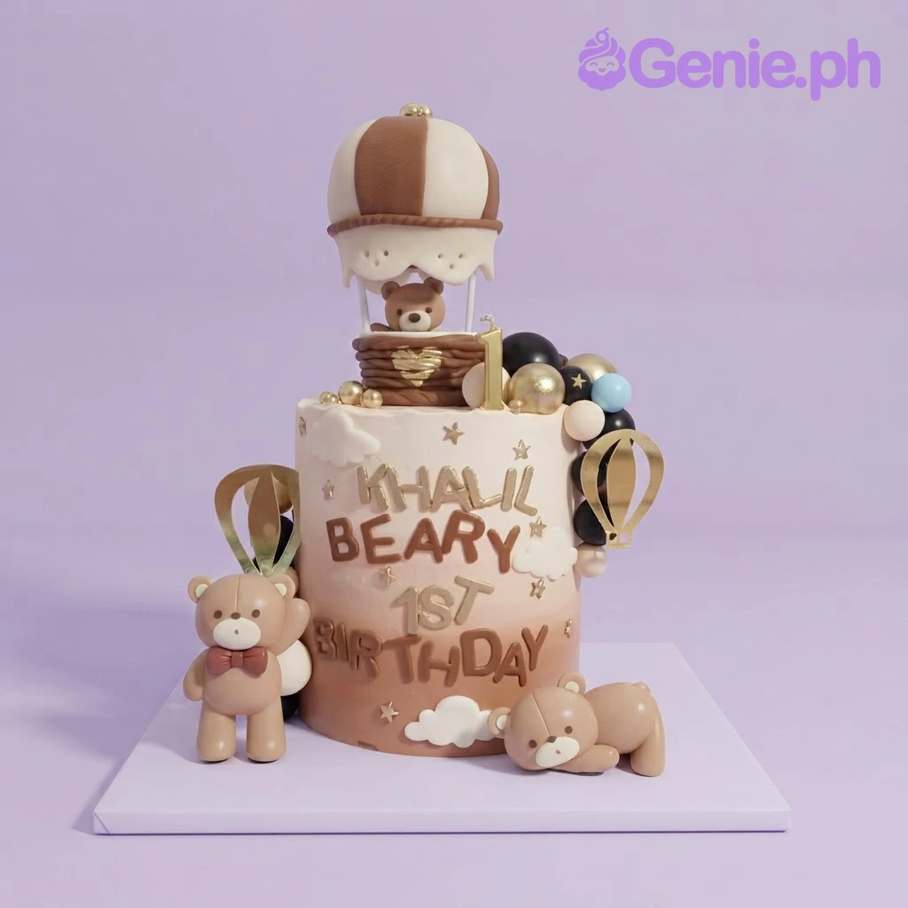 Bear Birthday Ivory Cake Beige gradient cake with a hot air balloon bear topper, standing and sleeping bear figurines, and gold star accents