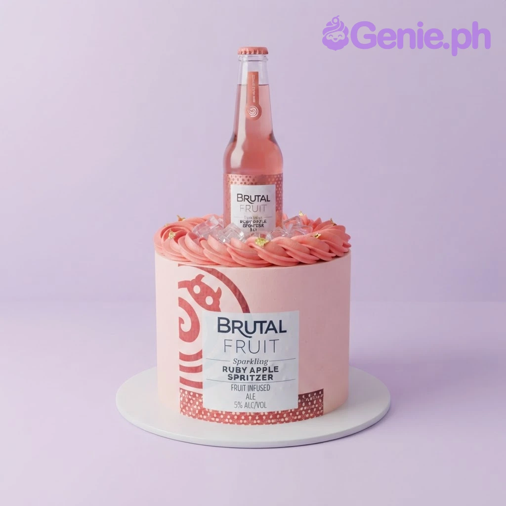 Brutal Fruit Pink Cake Pink 1-tier cake with a Brutal Fruit bottle topper, a printed side label, and piped icing border