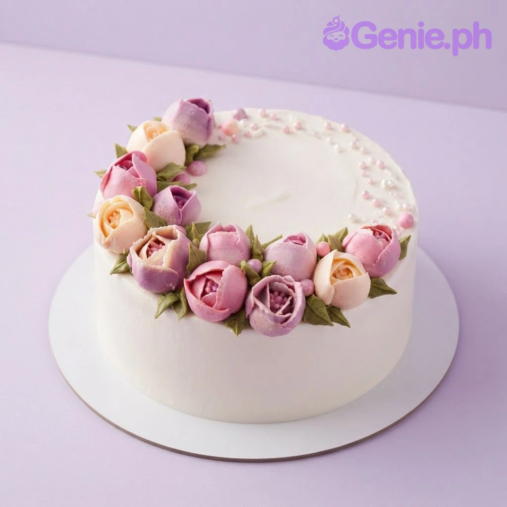 Floral Crescent White Cake White 1-tier cake with smooth soft icing, a piped buttercream flower crescent, and white sugar pearl sprinkles