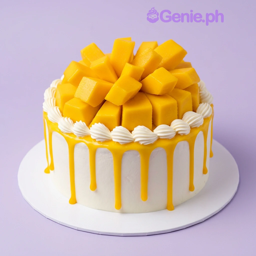 Mango Drip White Birthday Cake White soft icing cake with a yellow mango drip, topped with fresh mango cubes and piped white icing rosettes