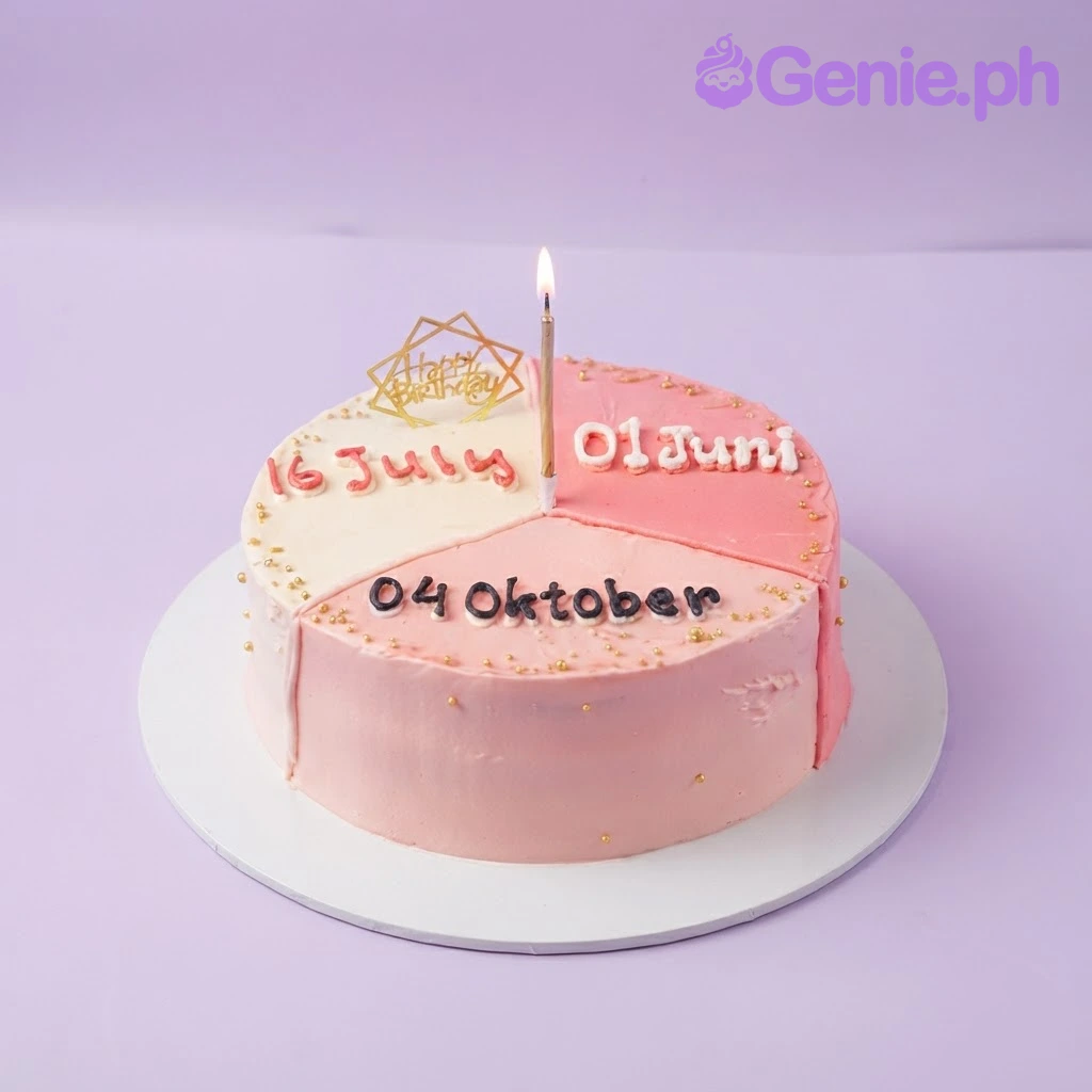 Memory Birthday Cake Pink and white 1-tier cake with piped dates, a gold Happy Birthday topper, a candle, and a vertical photo printout of three people.