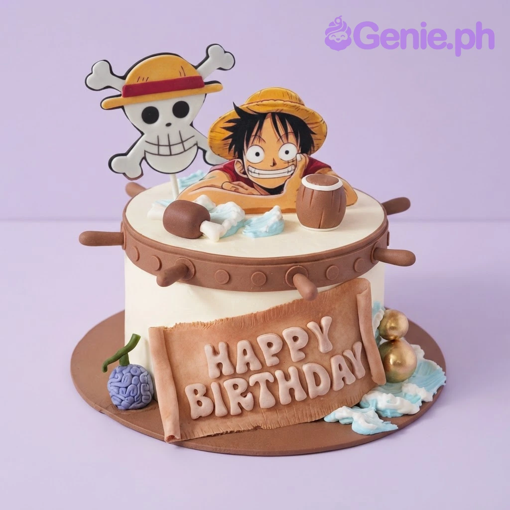 One Piece-Inspired White Birthday Cake White fondant 1-tier cake with a Monkey D Luffy printout, a pirate flag, and sugar waves