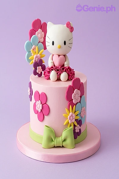 Hello Kitty-Inspired Pink Bow Birthday Cake Pink 1-tier fondant cake with a Hello Kitty figurine, colorful sugar flowers, and a green fondant bow at the base