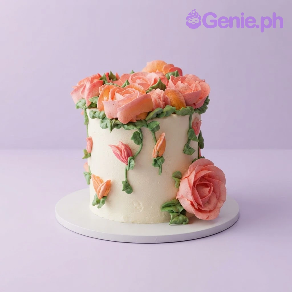 Floral Anniversary Ivory Cake Ivory 1-tier soft-icing cake with coral fondant roses on top and trailing flower buds on the side
