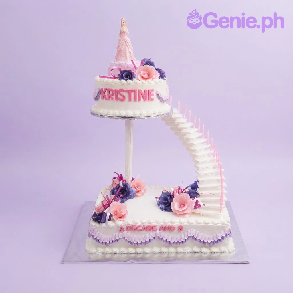 Princess Staircase White 2-Tier Birthday Cake White 2-tier cake with a square base and round top tier connected by a staircase, featuring a princess figurine and pink and purple roses