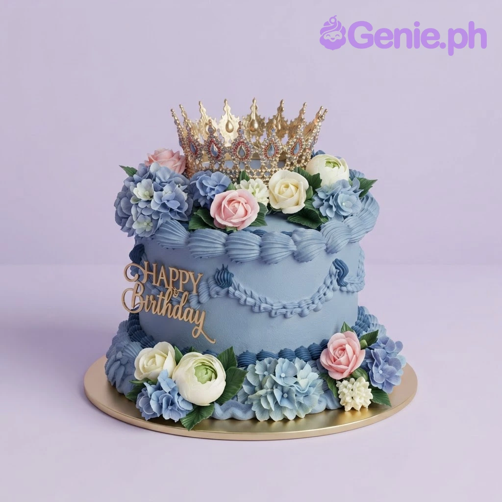 Floral Crown Sky Blue Birthday Cake Light blue 1-tier cake with soft icing, a gold rhinestone crown topper, and an arrangement of blue hydrangeas, pink roses, and white roses