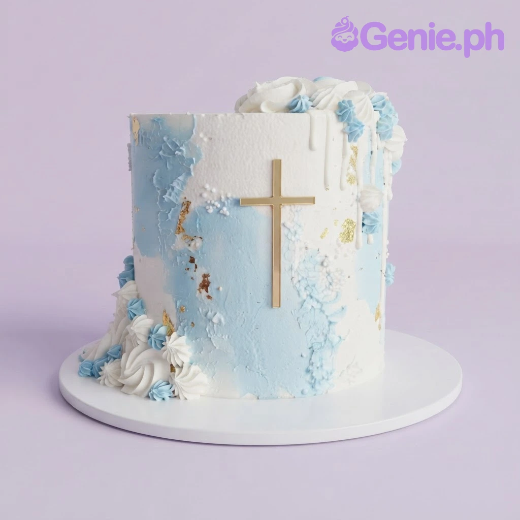 Christening Cake White and light blue 1-tier soft icing cake with gold leaf accents, a gold cross topper, and piped rosettes