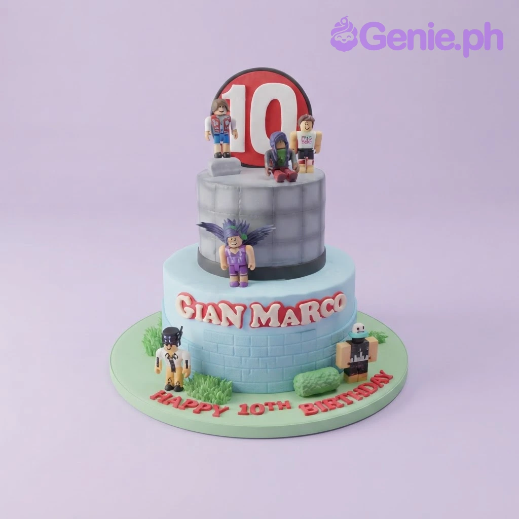 Roblox-Inspired 2-Tier Birthday Cake A 2-tier light blue cake with Roblox character figures, a number ten printout, and red fondant lettering on the side and base board