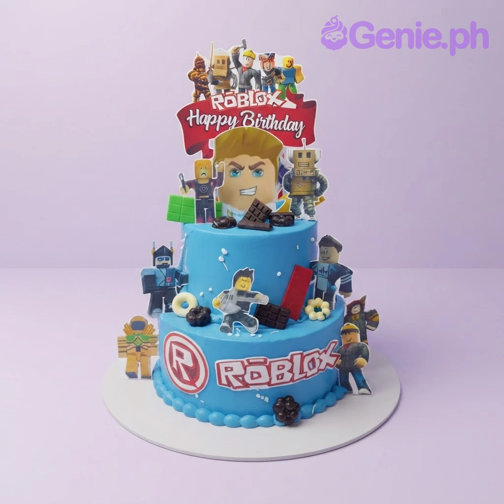 Roblox-Inspired Sky Blue 2-Tier Birthday Cake Bright blue 2-tier cake with Roblox character printouts, edible lego bricks, and chocolate accents