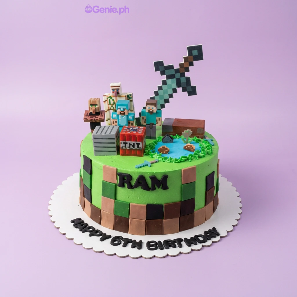 Minecraft-Inspired Green Birthday Cake Green 1-tier Minecraft birthday cake with printed character toppers, a sword, and square fondant side panels