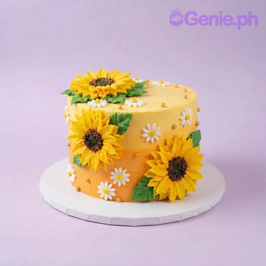 Sunflower Yellow Floral Cake Yellow and orange gradient 1-tier cake with soft icing finish, large sunflower toppers, and white daisies