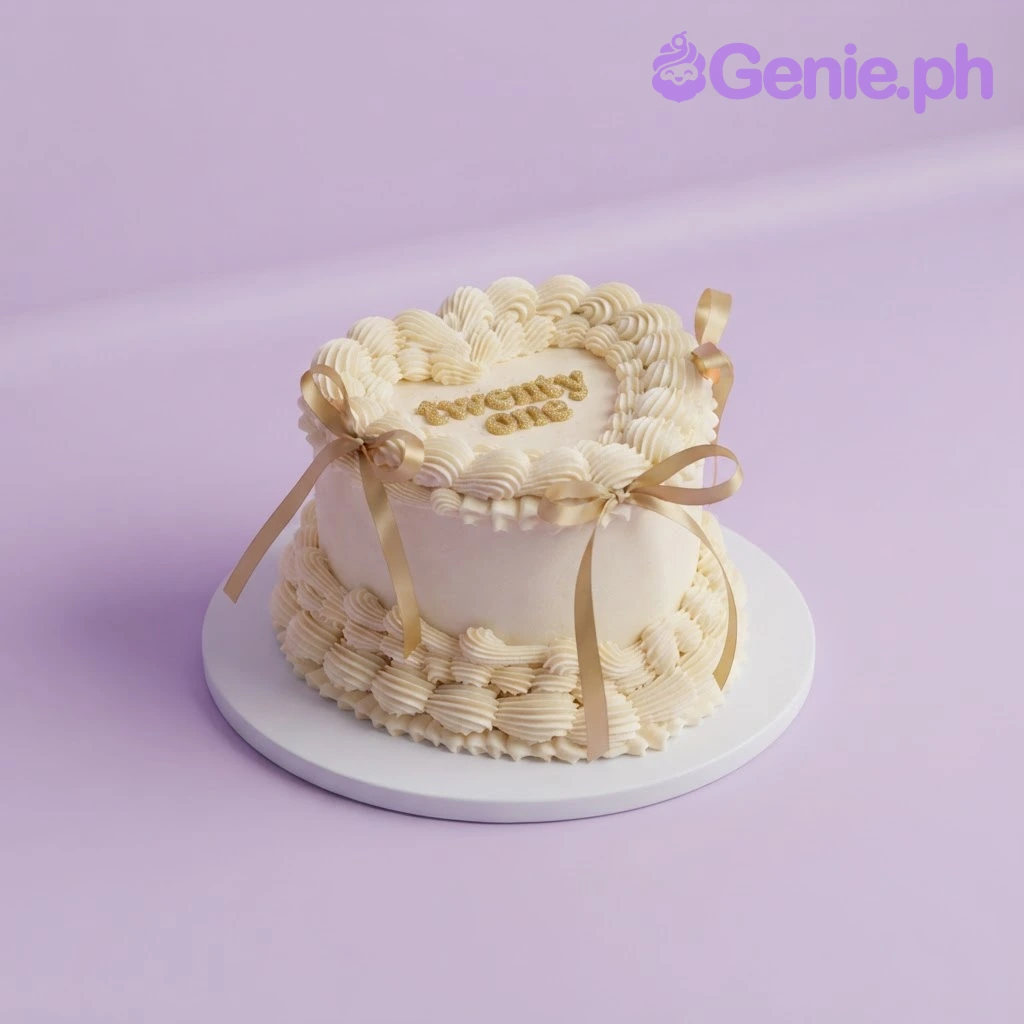 Gold Ribbon Heart Ivory Birthday Cake Ivory heart cake with smooth soft icing, piped shell borders, and gold ribbon bows
