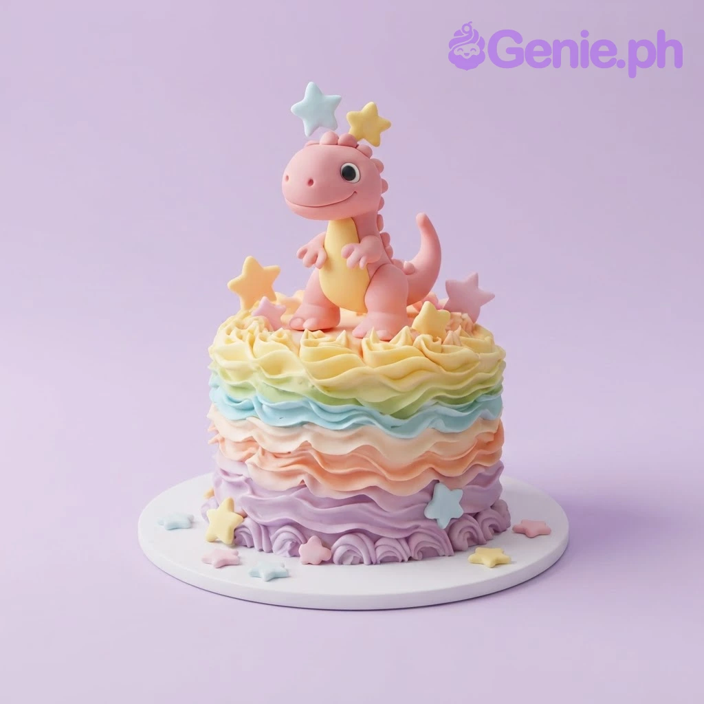 Dinosaur Rainbow Ruffle Birthday Cake Pink and yellow dinosaur fondant figure on a pastel rainbow ruffle cake with sugar stars