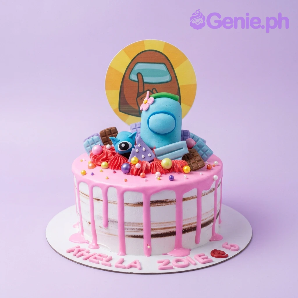 Pink Among Us themed cake with a blue character topper, chocolate bars, and colorful sprinkles on a semi-naked icing base.