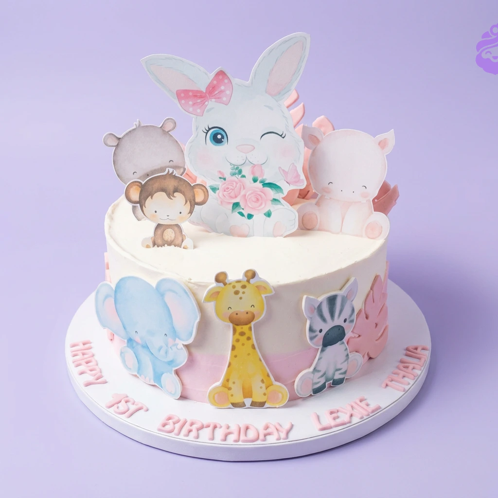 Animal Safari White Bow Birthday Cake A white 1-tier Animal Safari cake with bunny, monkey, hippo, elephant, giraffe, and zebra printouts, plus pink icing accents.