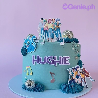 Anime Birthday Teal Cake A teal and light blue 1-tier Anime Birthday cake, featuring anime characters, 'HUGHIE' message, silver disco balls, and musical notes.