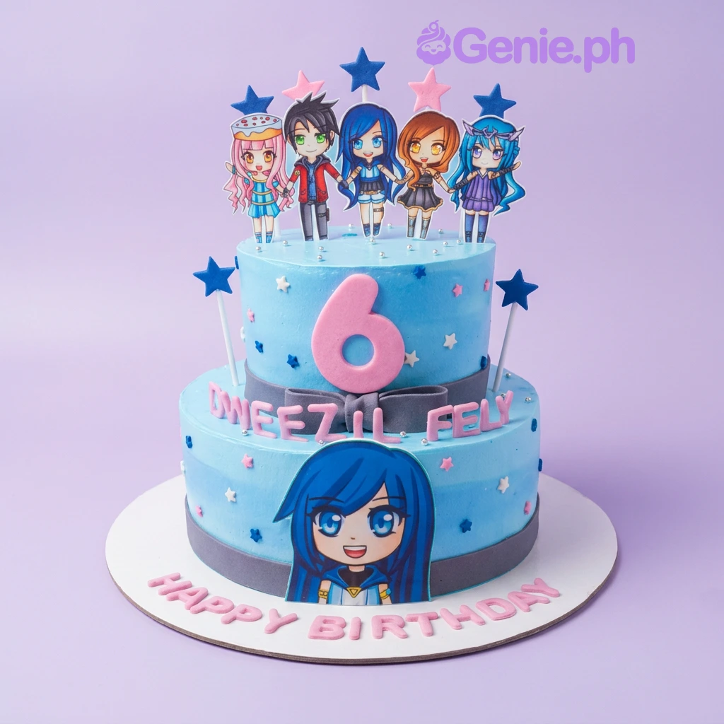 A light blue two-tier Anime Character cake featuring character printouts, a pink number 6 topper, and gumpaste lettering.
