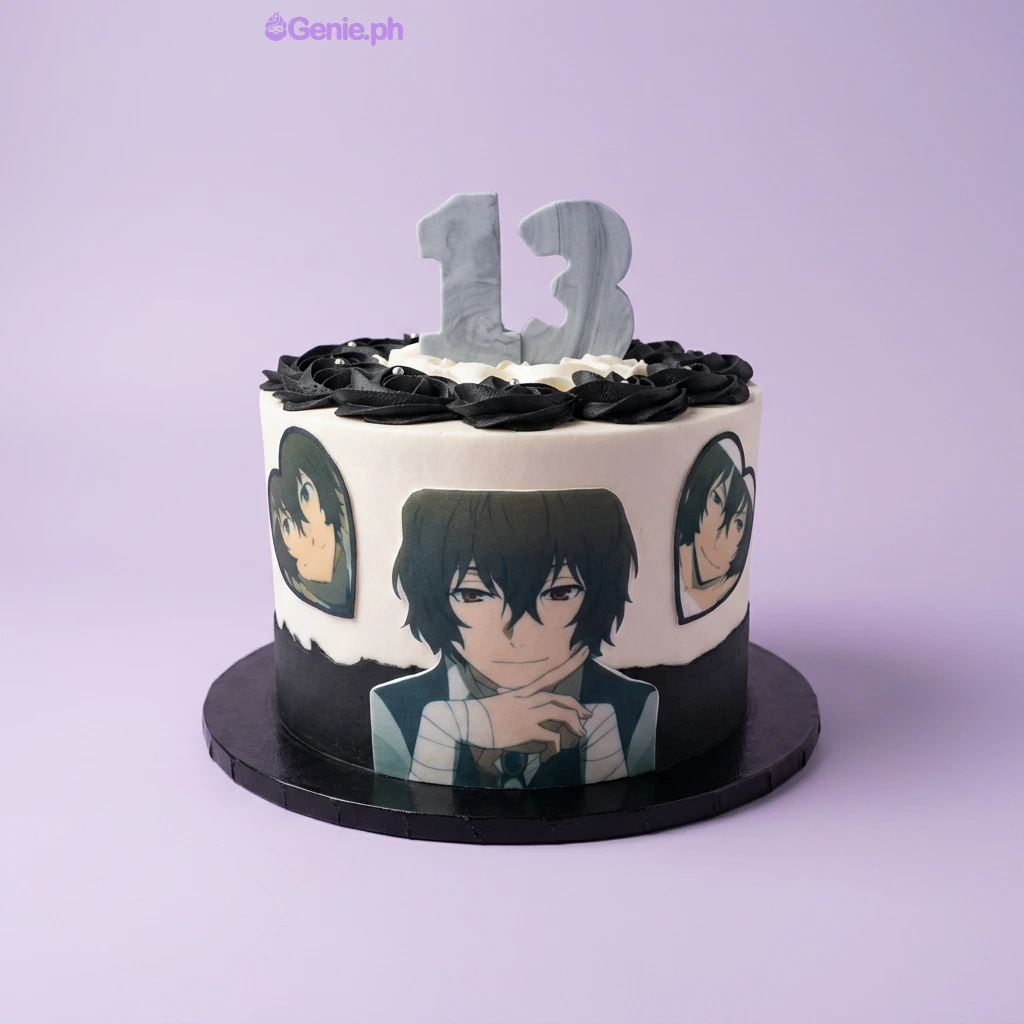 Anime White Birthday Cake A white and black 1-tier cake themed Anime, featuring a silver '13' and character cutouts, with black rosettes and silver pearls.
