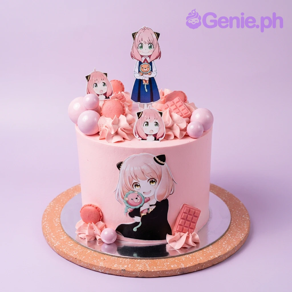 Pink 1-tier cake with Anya Forger character printouts and pink macaron decorations