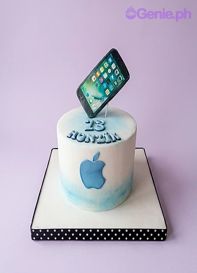 Apple IPhone Cake Apple iPhone 1 Tier Fondant - blue, white, light theme with iPhone cutout and Apple logo