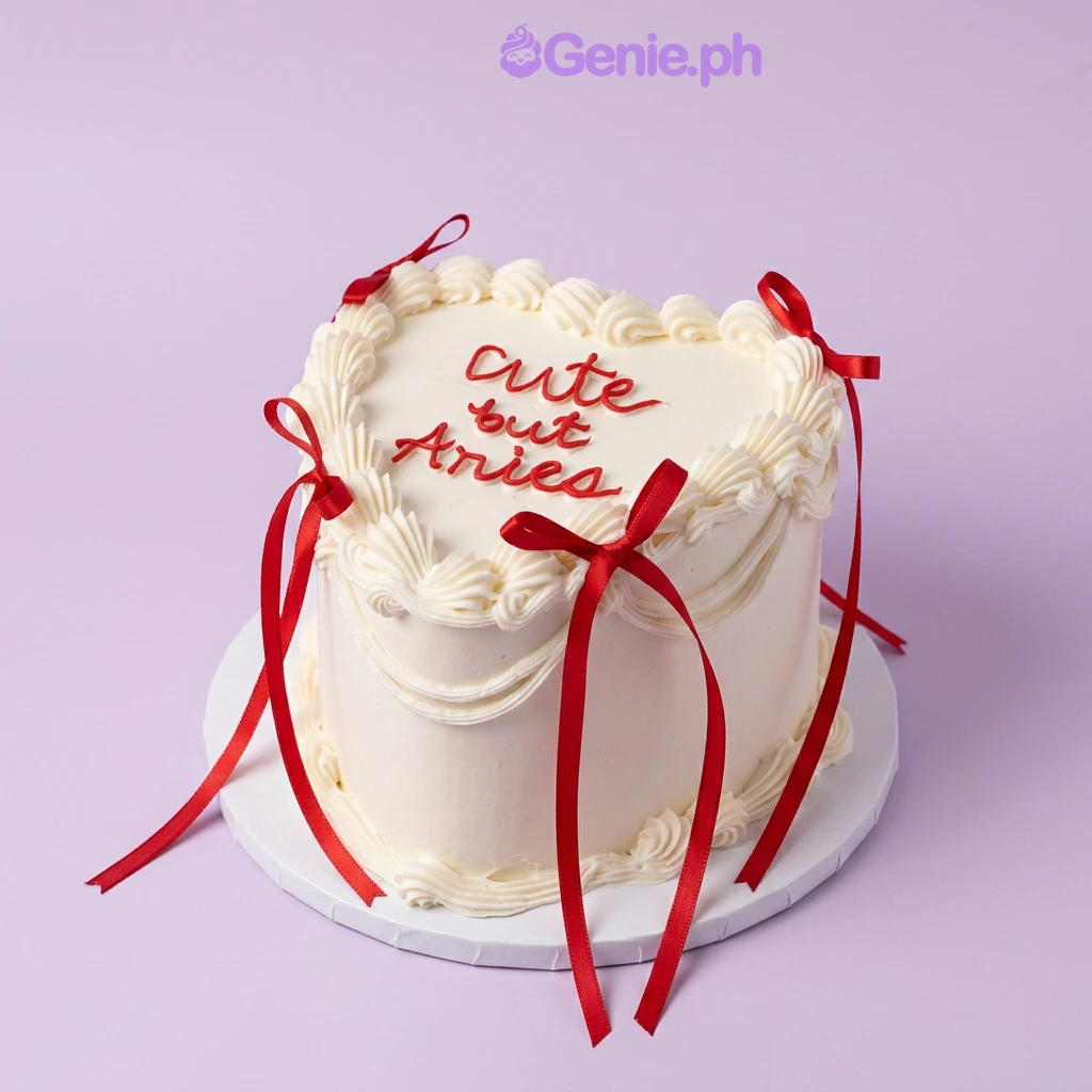 Aries Heart White Birthday Cake White heart-shaped cake with soft icing, red piped text, and red satin ribbon bows