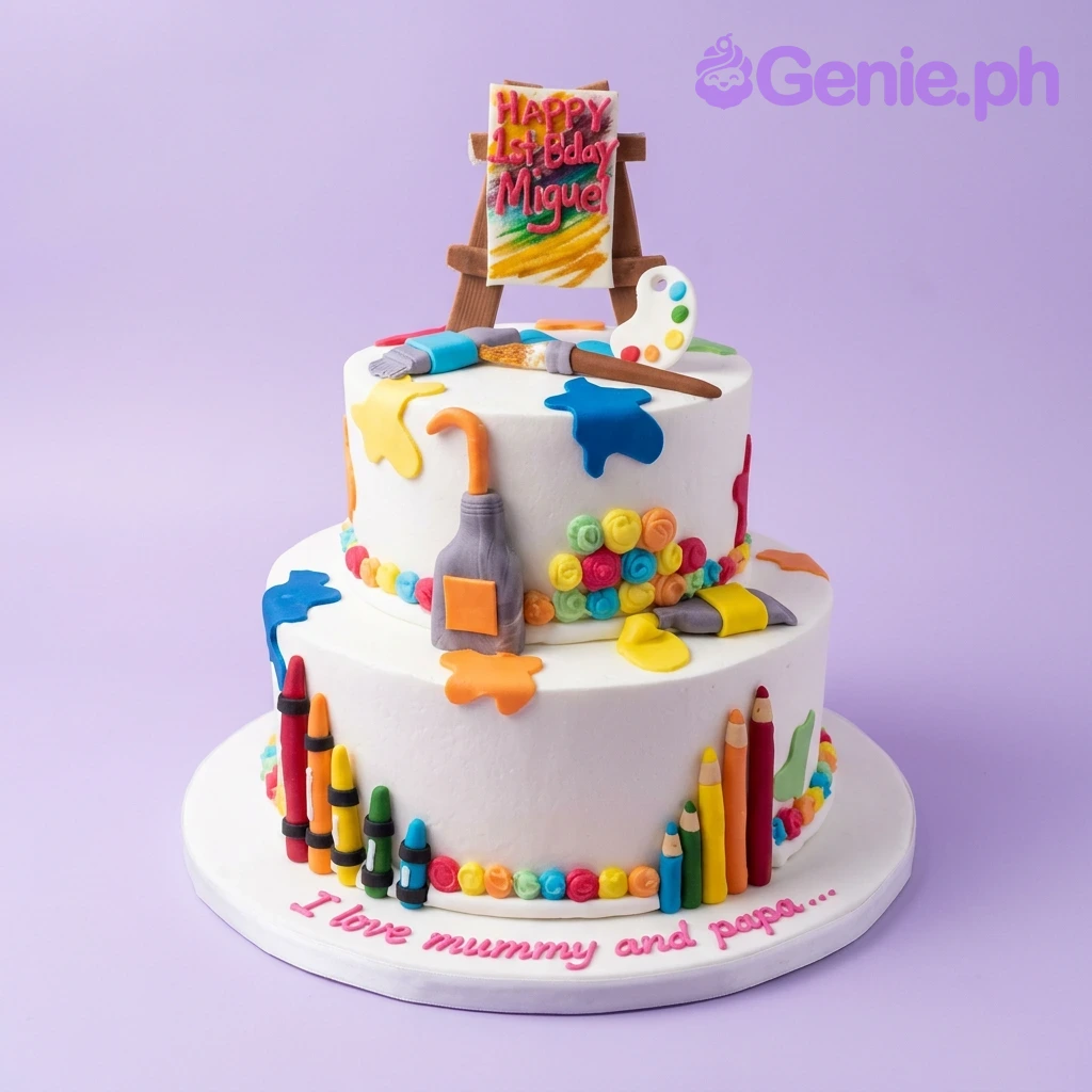 Artist White 2-Tier Birthday Cake Two-tier white artist themed birthday cake with colorful fondant paint splatters, crayons, paint brushes, and an easel topper.