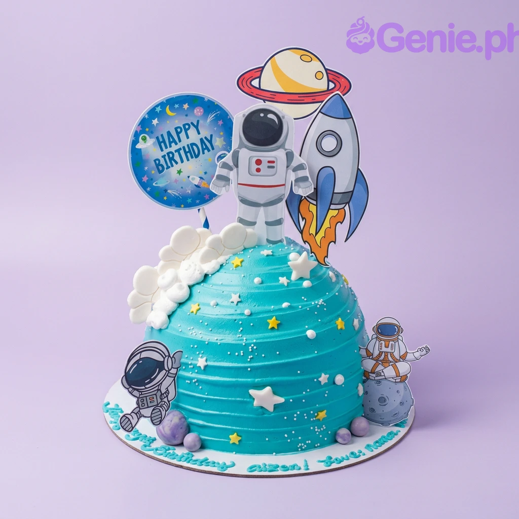 A teal 1-tier cake with astronaut, rocket, and planet toppers, white clouds, and yellow stars. A teal 1-tier cake with astronaut, rocket, and planet toppers, white clouds, and yellow stars.