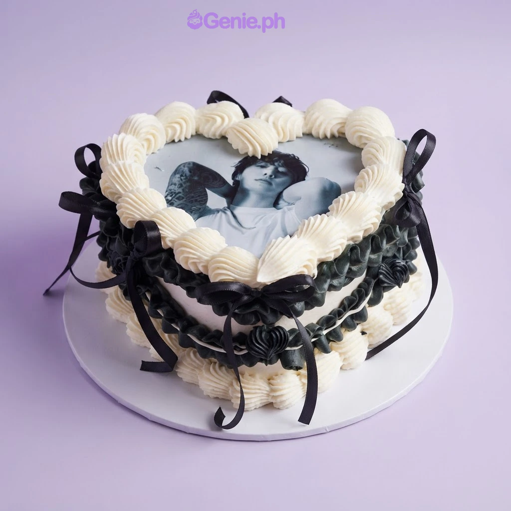 Kpop-Inspired Photo Heart Birthday Cake Heart-shaped cake with a black and white photo print on top, white piped icing borders, and black ribbon accents