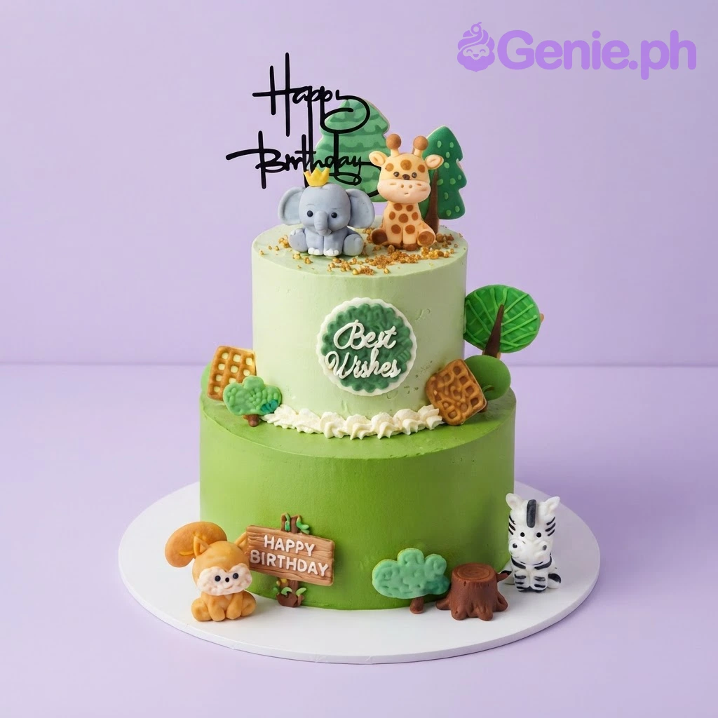 Safari Jungle Mint 2-Tier Birthday Cake Light green 2-tier soft icing safari cake with cute animal figurines, trees, and a black acrylic happy birthday topper