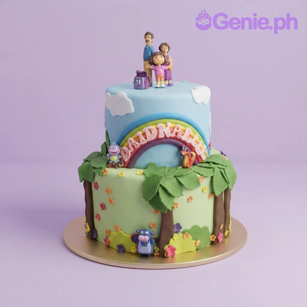 Dora Explorer 2-Tier Birthday Cake Blue and green 2-tier fondant adventure cake with character figurines, a rainbow arch, and tree details