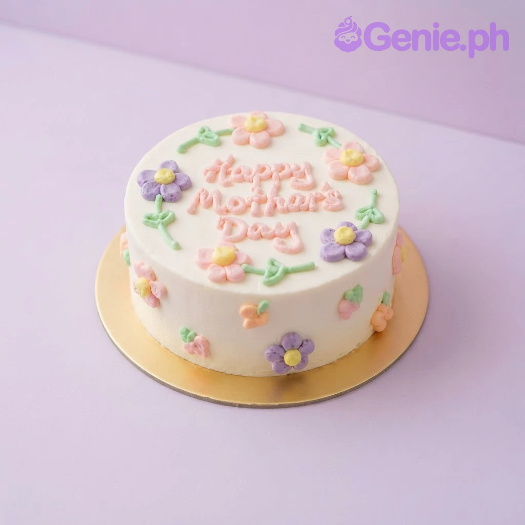 Mother's Day White Cake White 1-tier cake with soft icing finish, Mother's Day theme, and piped pastel floral and stem motifs