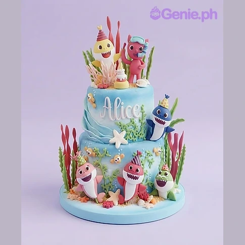 Baby Shark Sky Blue 2-Tier Birthday Cake Blue 2-tier fondant cake with Baby Shark character toppers, seaweed, and starfish decorations.