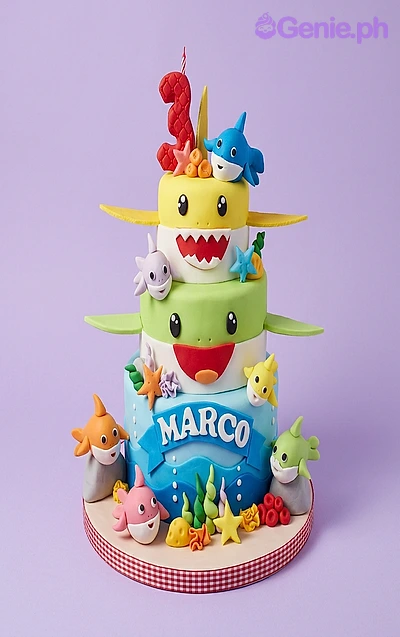 Baby Shark 3-Tier Cake 3-tier Baby Shark fondant cake with blue, green, and yellow tiers, shark figurines, and a number 3 candle