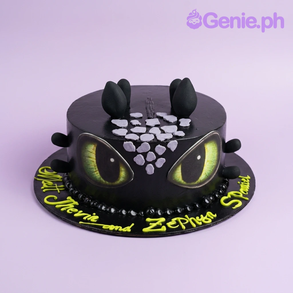 Bachelorette Coral Cake A pink, black, and tan 1-tier Bachelorette cake, featuring a large tan phallic topper, black cow print, and a banner with text.