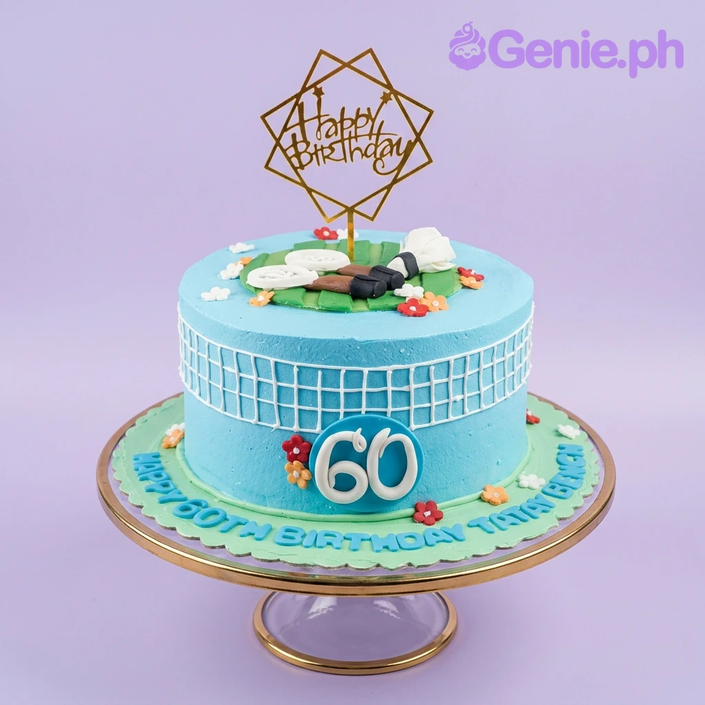 Badminton Birthday Sky Blue Cake A blue and green 1 Tier Badminton themed cake, with a gold 'Happy Birthday' topper, fondant rackets, and a shuttlecock.