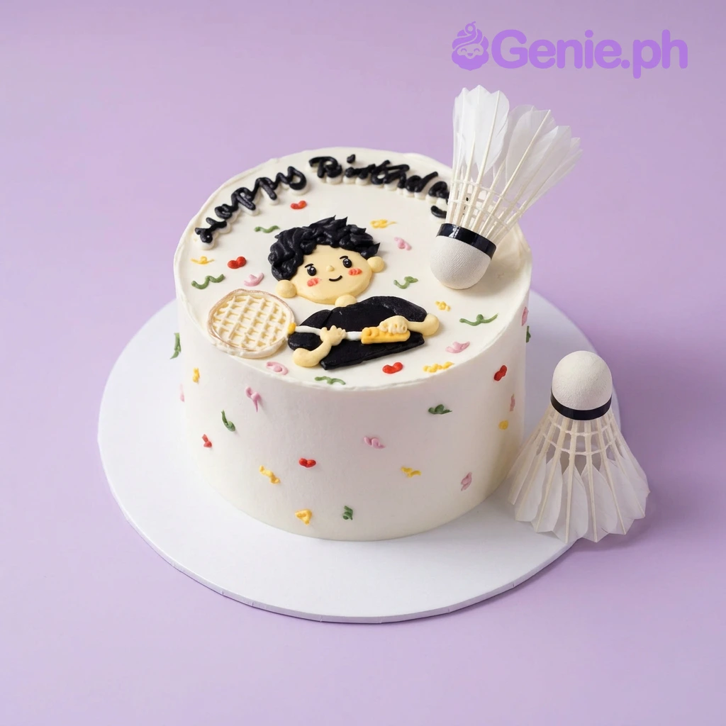 Badminton Birthday White Cake White 1-tier cake with soft icing, a badminton player character, shuttlecocks, a racket, and colorful confetti accents