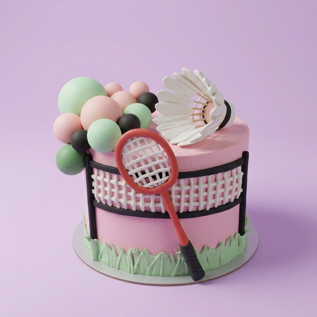 Pink badminton themed cake with a large shuttlecock, racket, and colorful fondant balls on top, featuring a net design on the side.