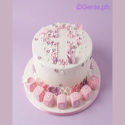 Baptism Cross White Floral Cake White single tier fondant cake with a cross made of pink and purple flowers and fondant butterflies