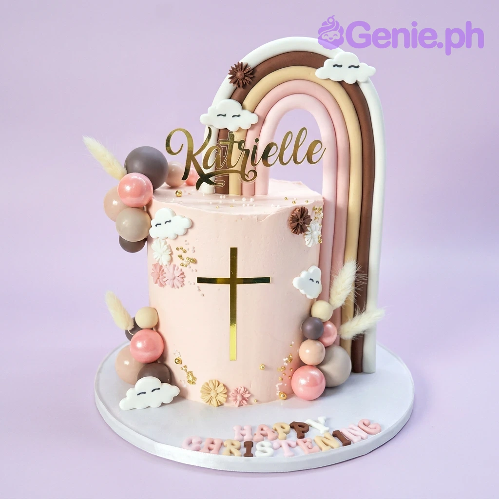 Baptism Rainbow Light Pink Cake A pink 1 Tier cake themed around Baptism, featuring a large fondant rainbow, gold cross, and colorful fondant spheres.