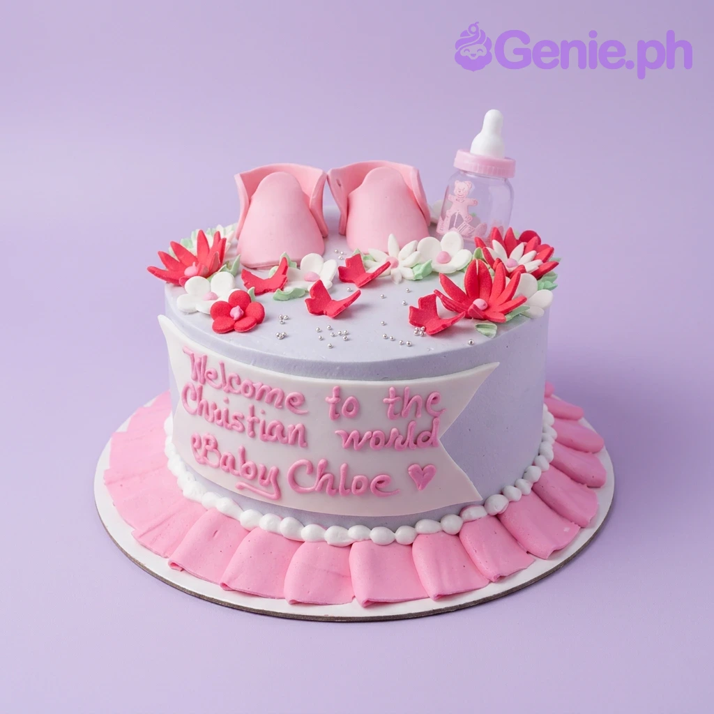 Baptism White Floral Christening Cake White soft-icing baptism cake with pink fondant baby shoes, a baby bottle, and red and white gumpaste flowers.