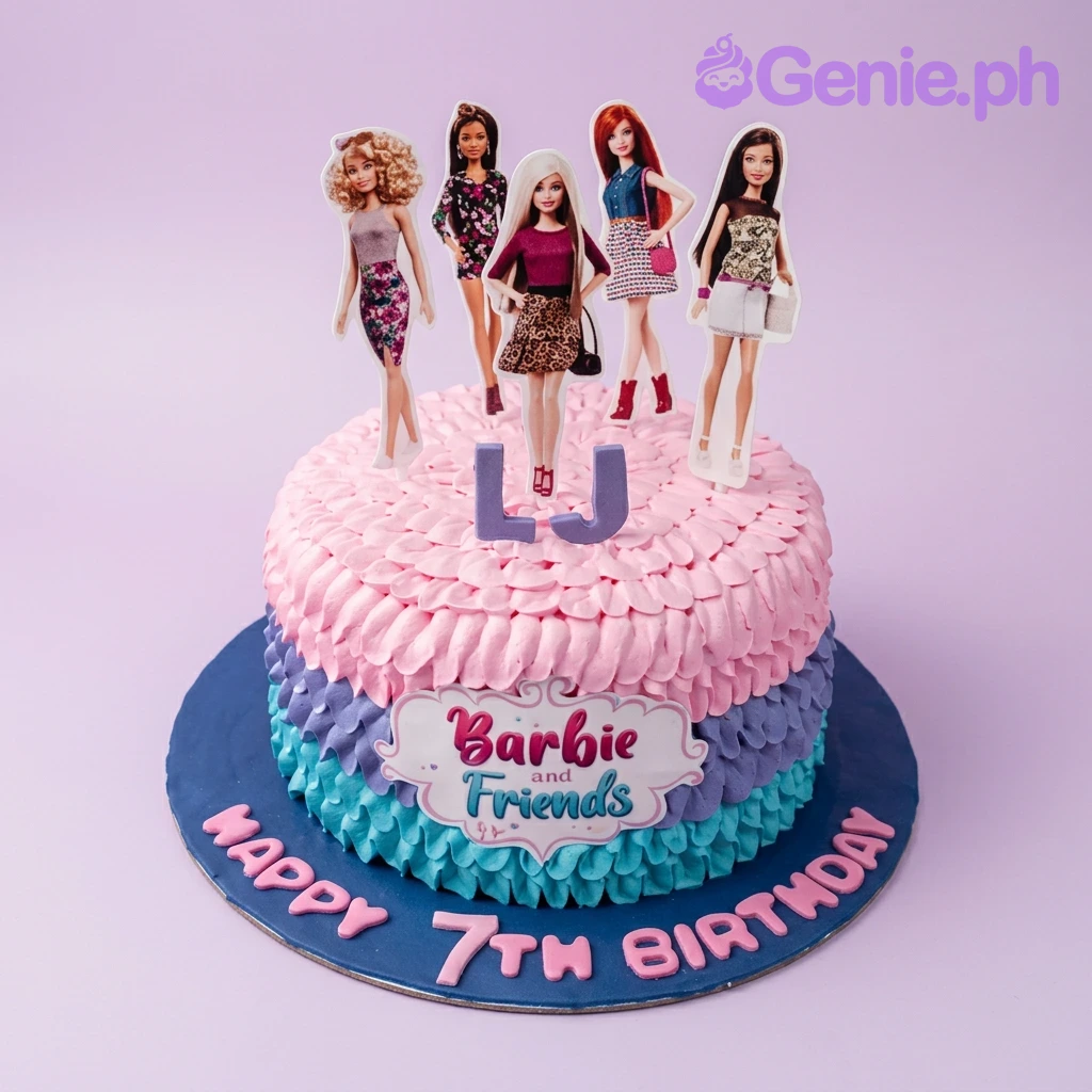 Barbie and Friends themed pink cake with ruffled icing, character printouts, and a blue base board with a birthday message.