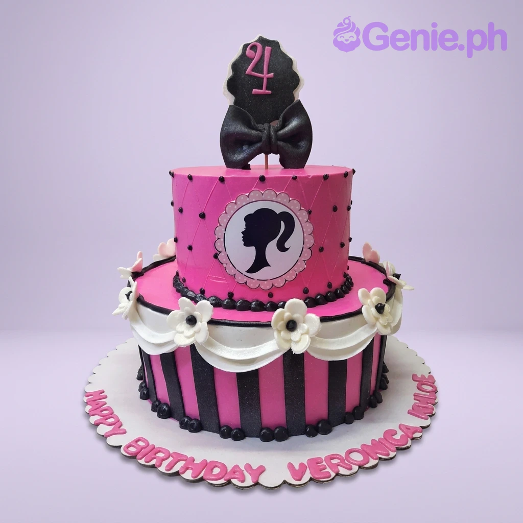 Barbie-Inspired Bow 2-Tier Birthday Cake Two-tier Barbie themed birthday cake with pink icing, black and white stripes, and a Barbie silhouette topper.
